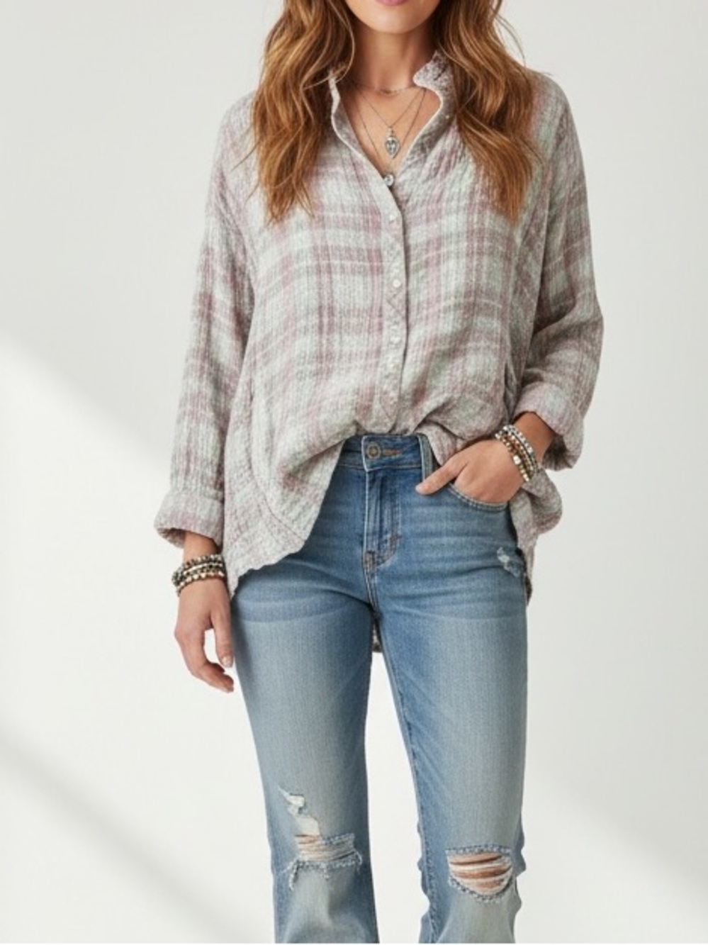 Free People | We the Free shimmer slouchy plaid shirt jacket with pockets